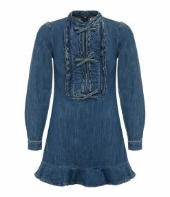 SELF PORTRAIT Robe Mini Volants Denim Bleu