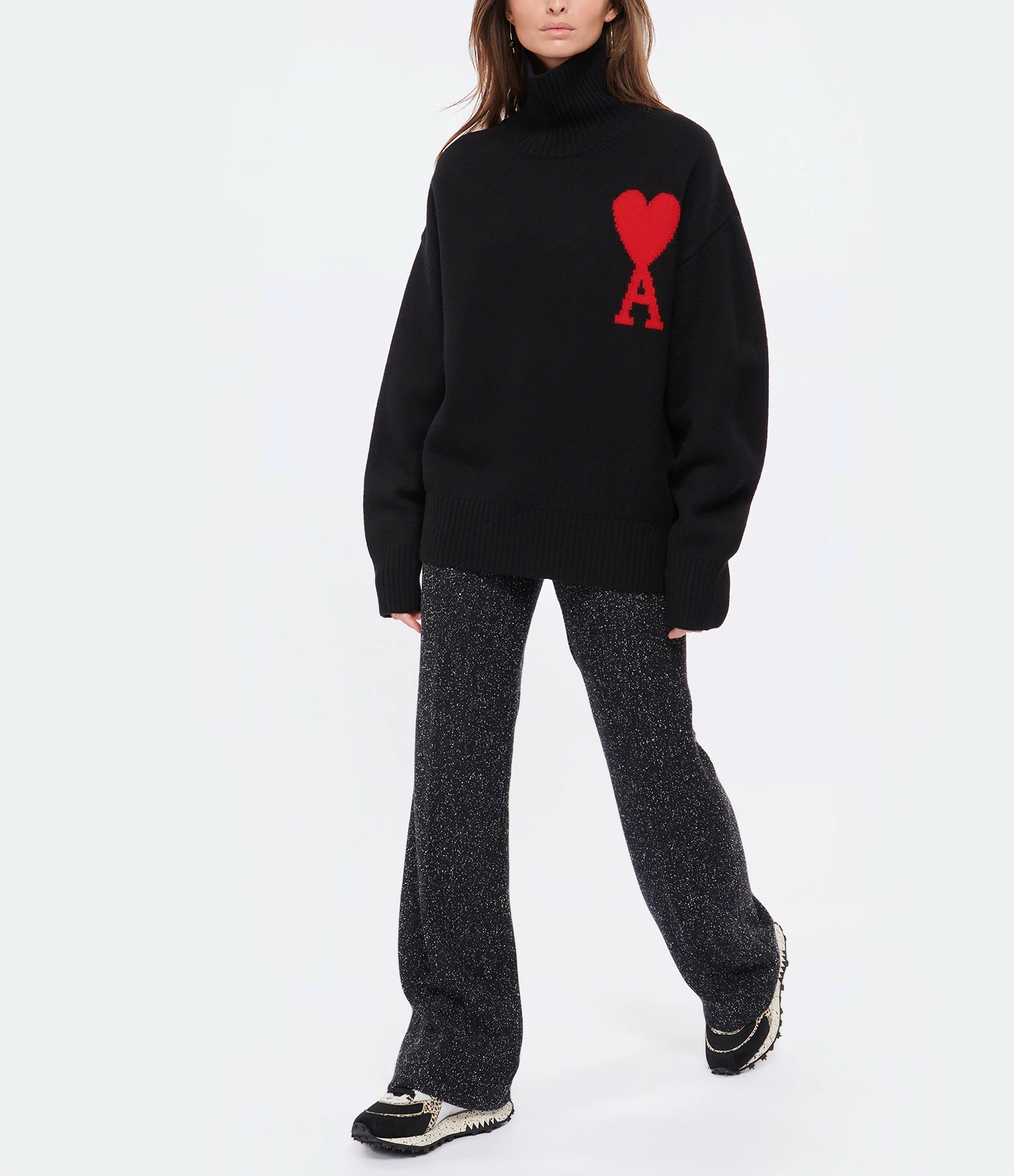 AMI Paris Pull Unisexe Ami De Cœur Laine Noir Rouge – Image 6