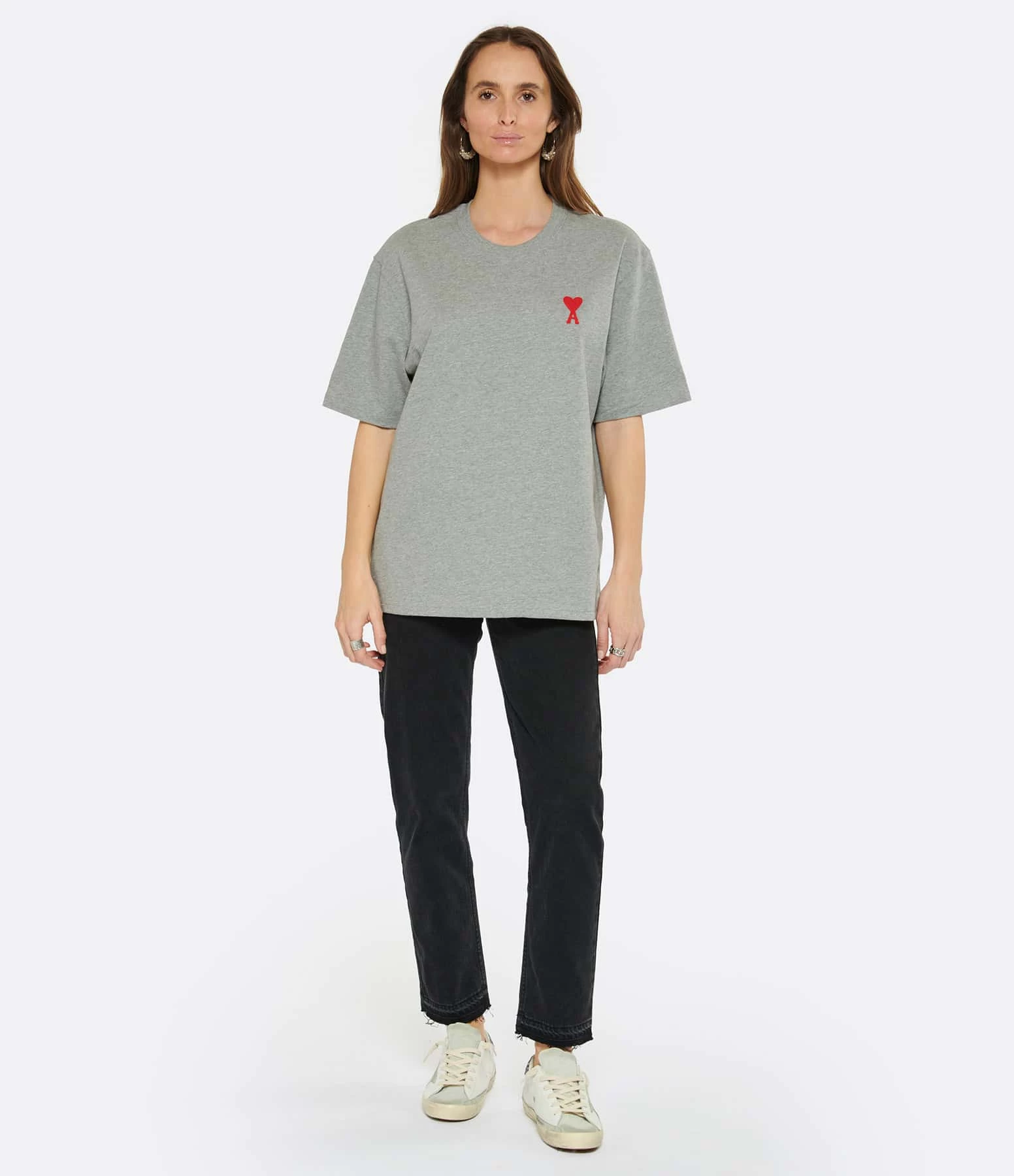 AMI Paris Tee-shirt Unisexe Ami De Cœur Coton Biologique Gris Chiné Rouge – Image 5
