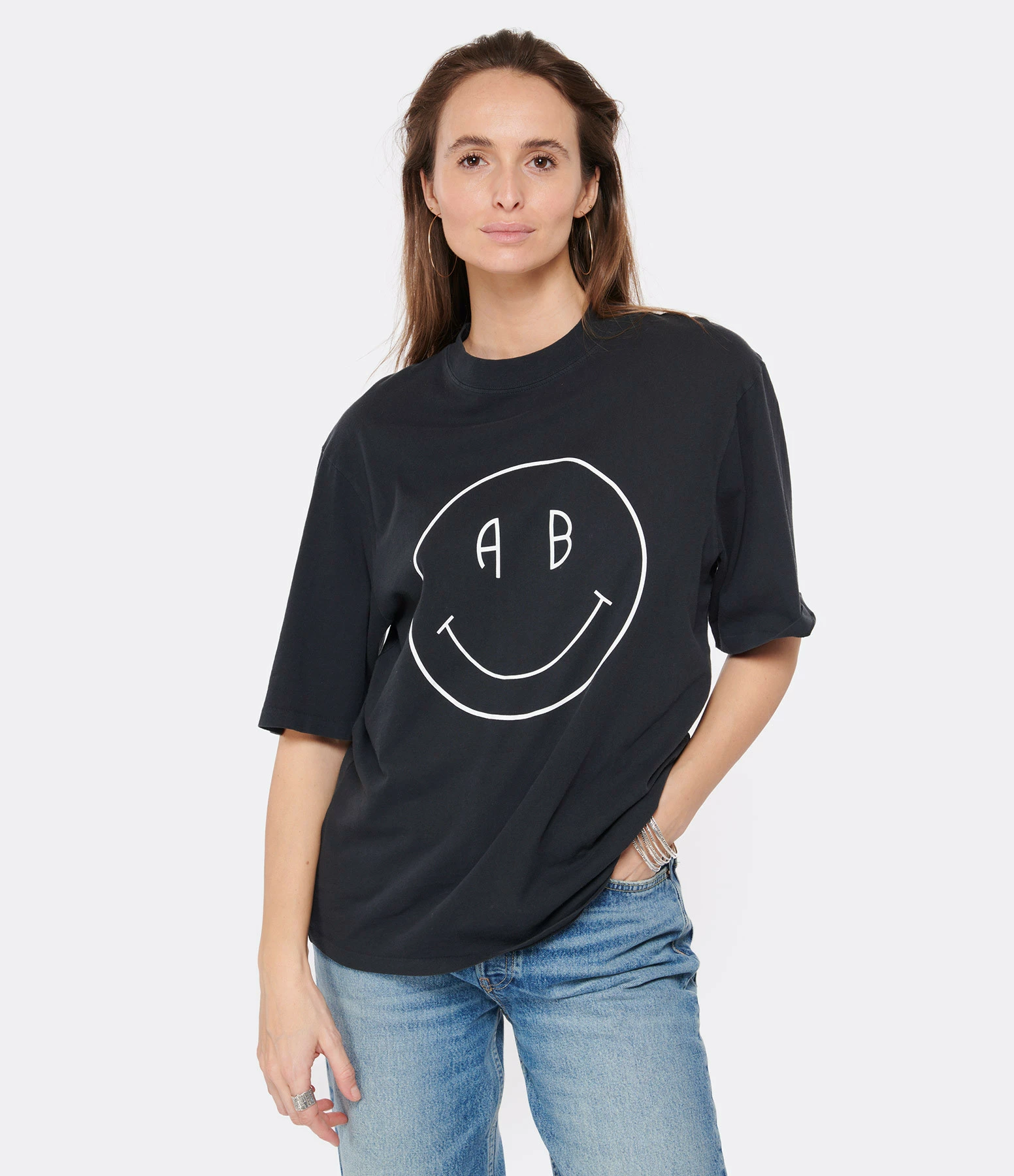 ANINE BING Tee-shirt Avi Smiley Coton Organique Noir – Image 3