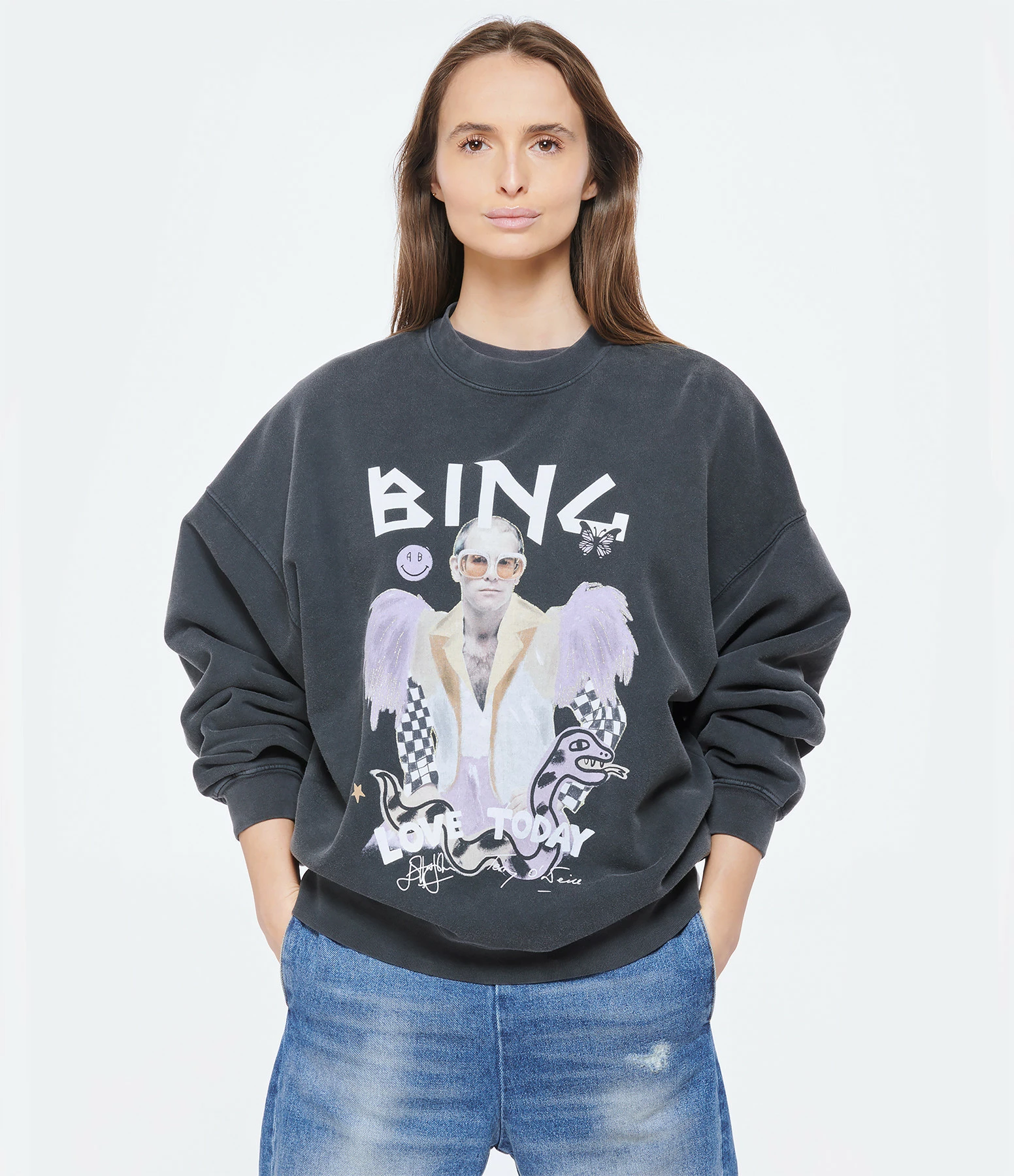 Sweatshirt Harvey Elton John Coton Noir Délavé, Collaboration Anine Bing X Terry O'Neill X IScreamColour – Image 3