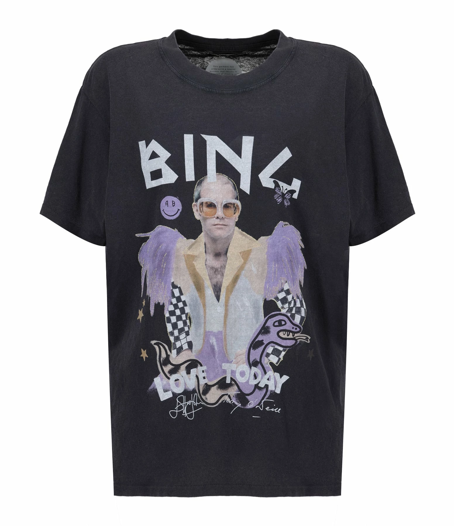 Tee-shirt Lili Elton John Coton Noir Délavé, Collaboration Anine Bing X Terry O'Neill X IScreamColour