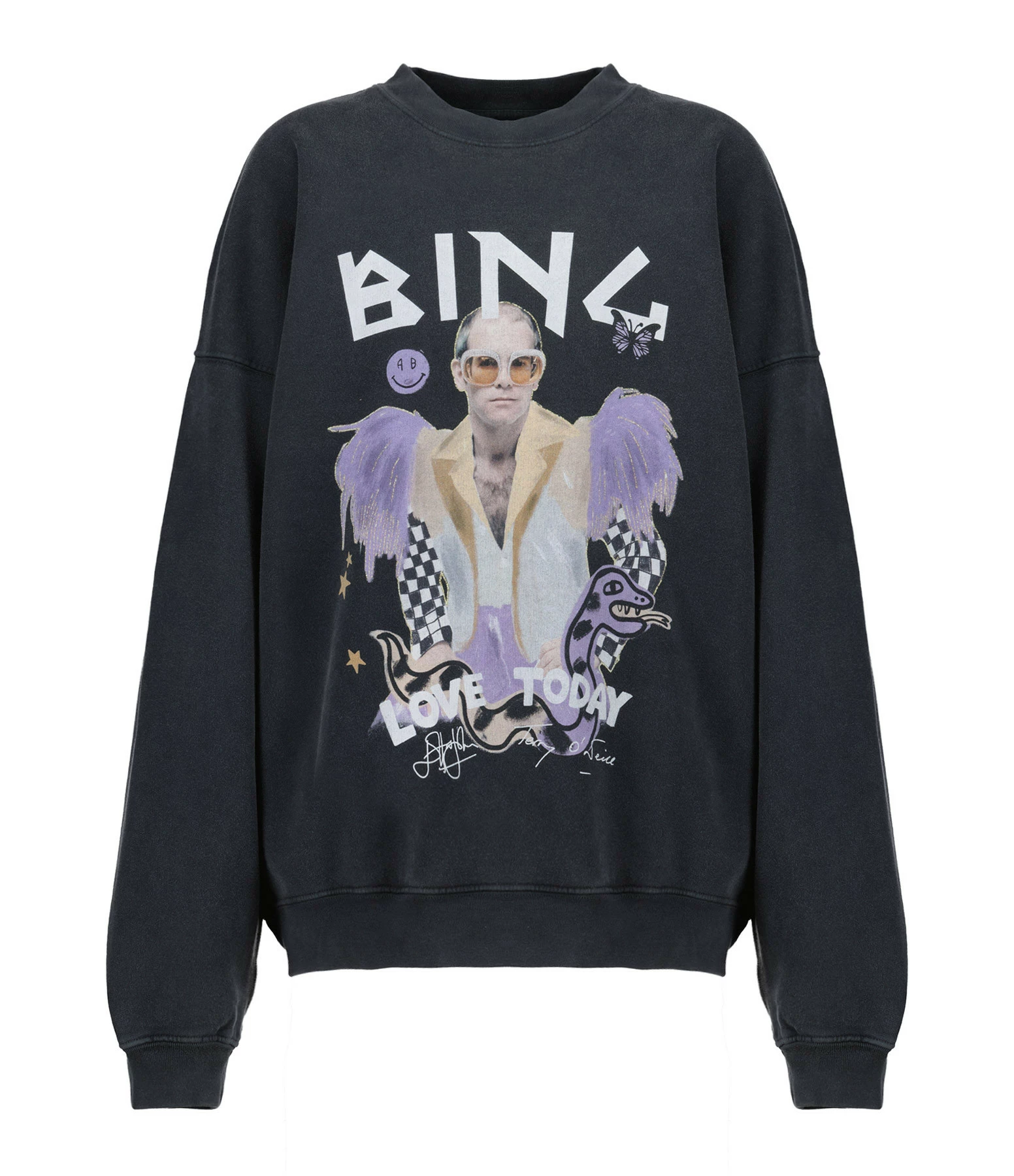 Sweatshirt Harvey Elton John Coton Noir Délavé, Collaboration Anine Bing X Terry O'Neill X IScreamColour