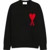 AMI Paris Pull Unisexe Oversize Ami De Cœur Col Rond Laine Noir Rouge