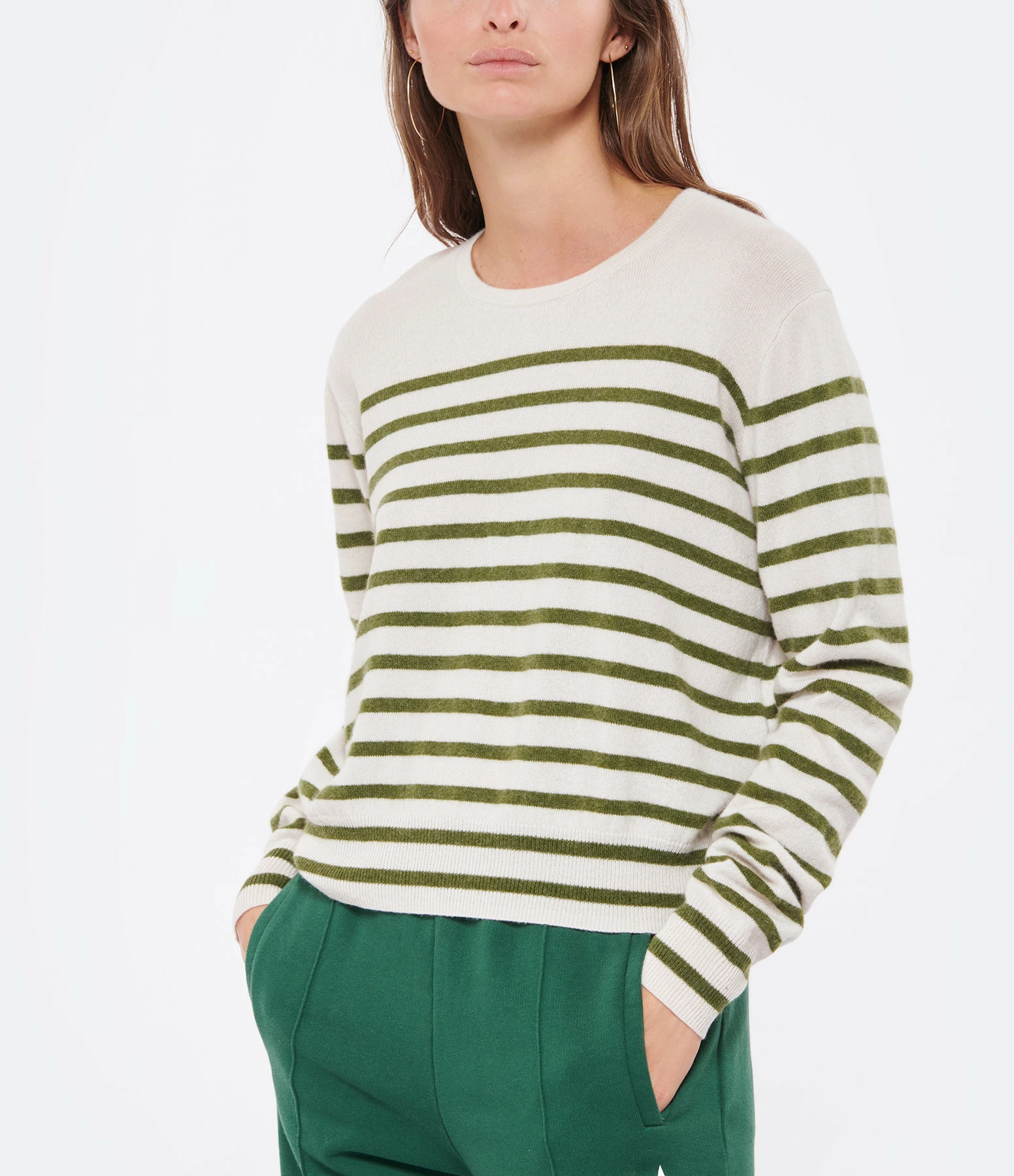 CT PLAGE Pull Cachemire Rayures Blanc Kaki – Image 3