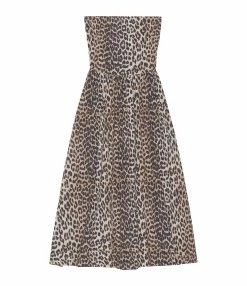 Ganni Robe Longue Bustier Coton Organique Léopard