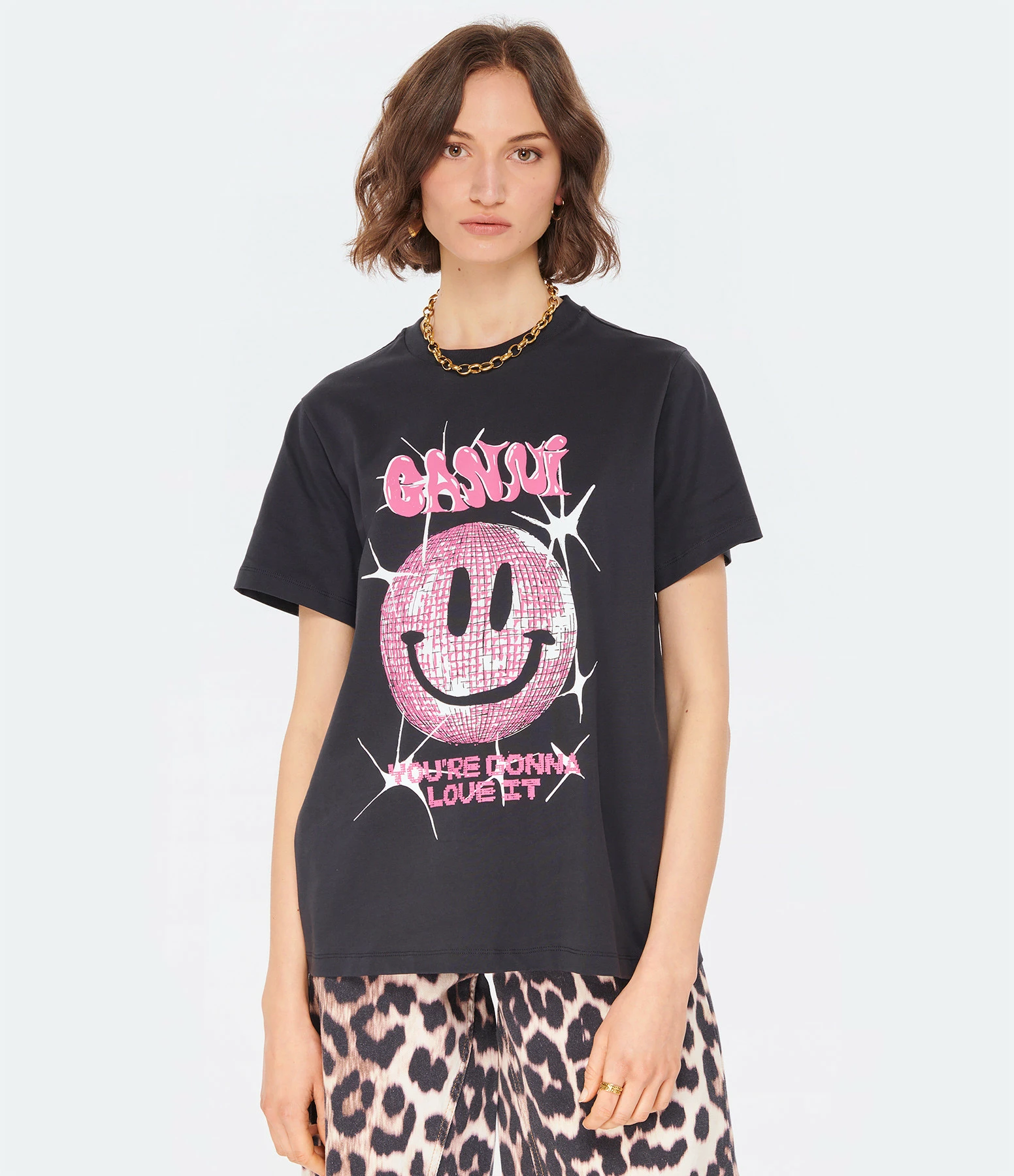 Ganni Tee-shirt Smiley Coton Organique Noir Phantom – Image 2