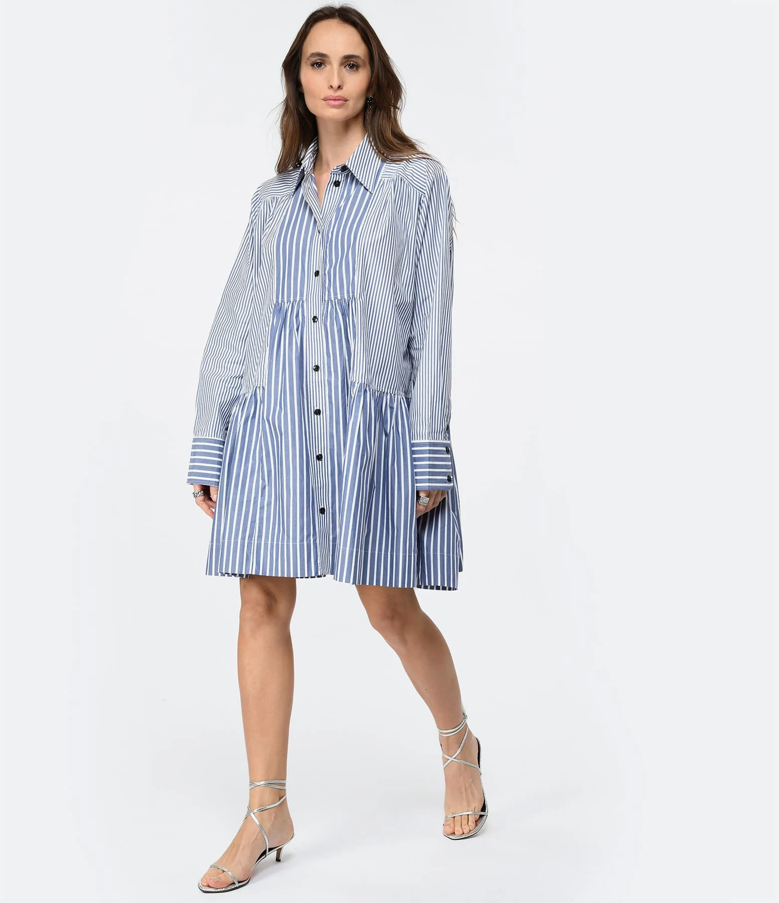 Ganni Robe Chemise Rayures Coton Organique Gris Bleu – Image 3