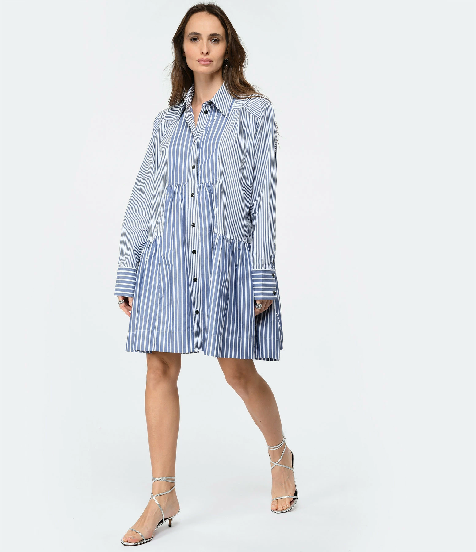 Ganni Robe Chemise Rayures Coton Organique Gris Bleu – Image 3