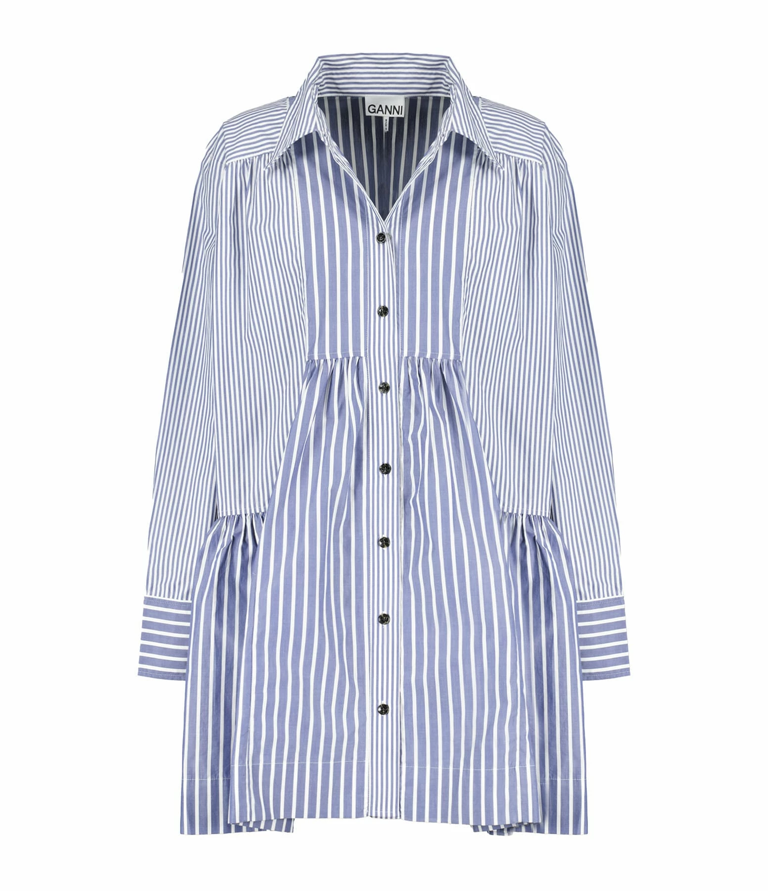 Ganni Robe Chemise Rayures Coton Organique Gris Bleu