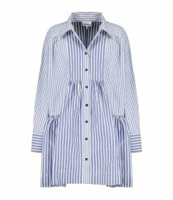 Ganni Robe Chemise Rayures Coton Organique Gris Bleu