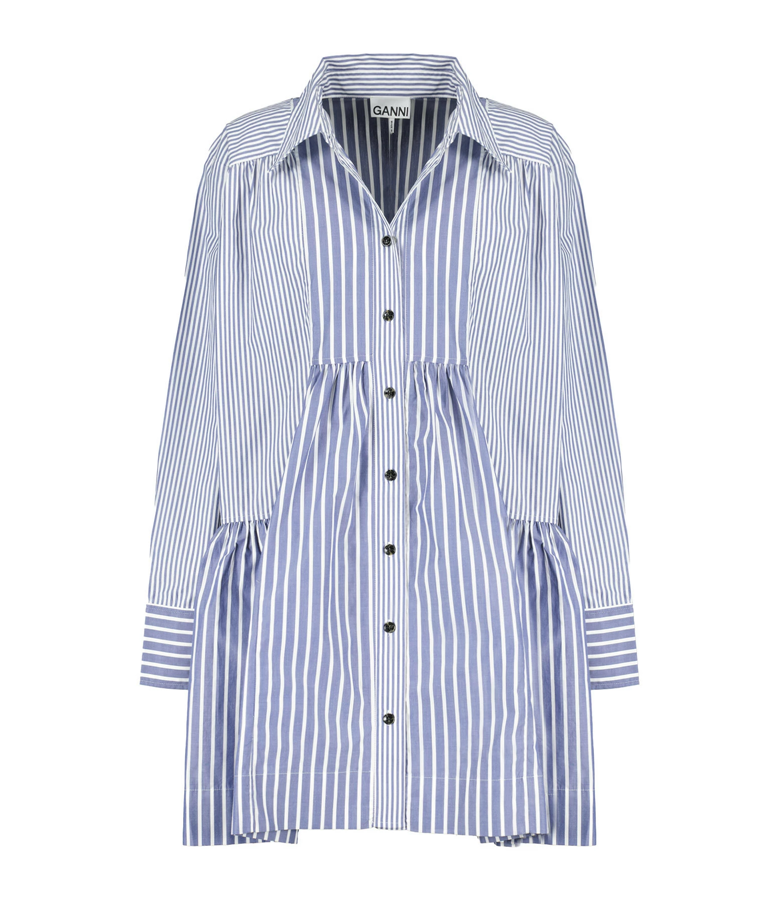 Ganni Robe Chemise Rayures Coton Organique Gris Bleu