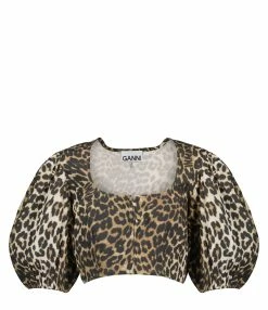 Ganni Top Court Coton Organique Léopard