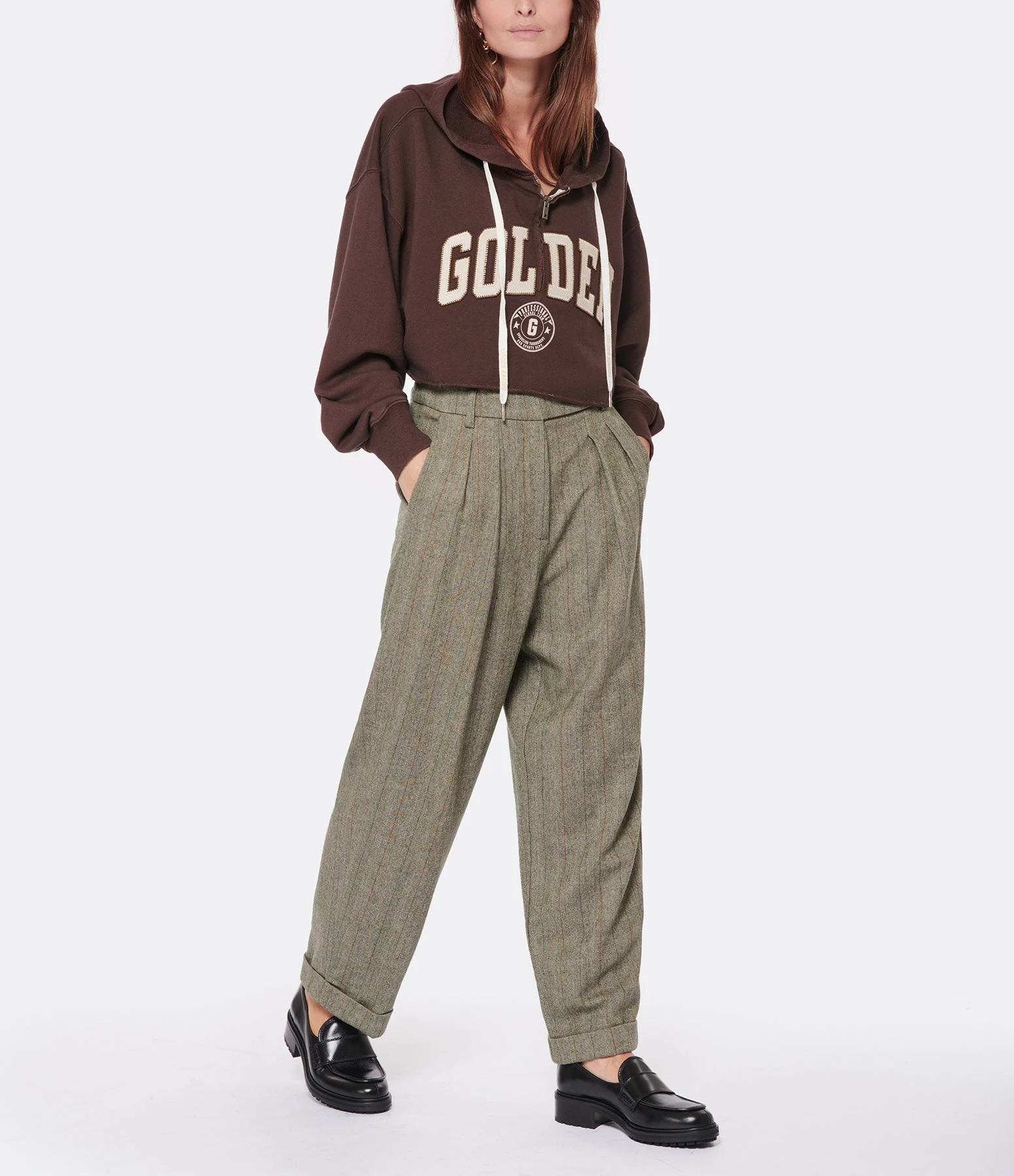 Golden Goose Sweatshirt Hoodie Journey Crop Coton Marron Café – Image 4