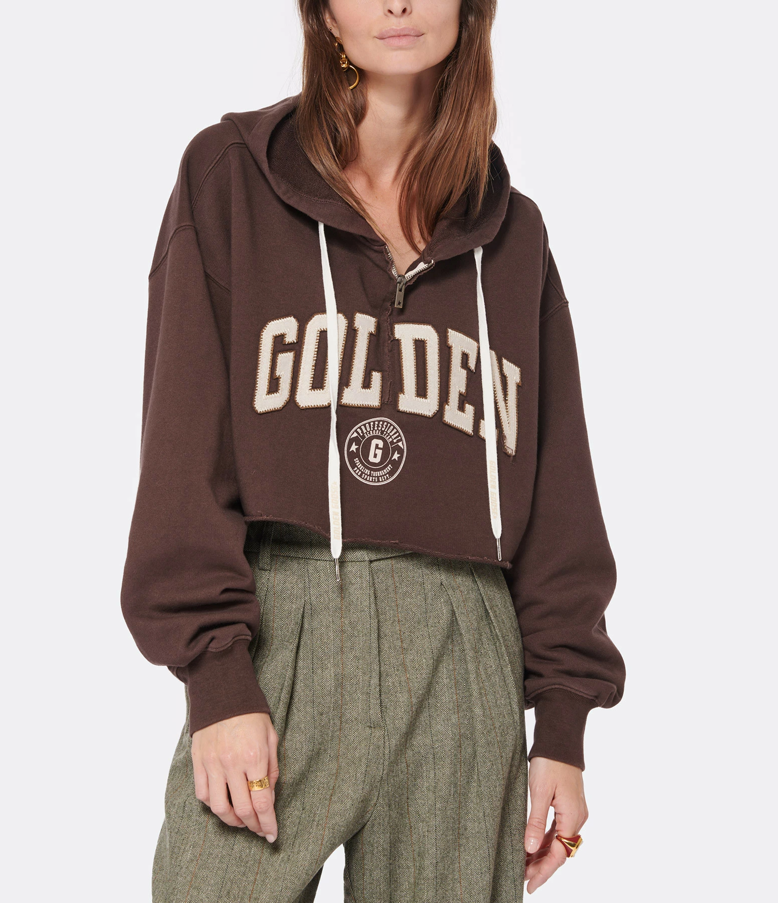 Golden Goose Sweatshirt Hoodie Journey Crop Coton Marron Café – Image 3