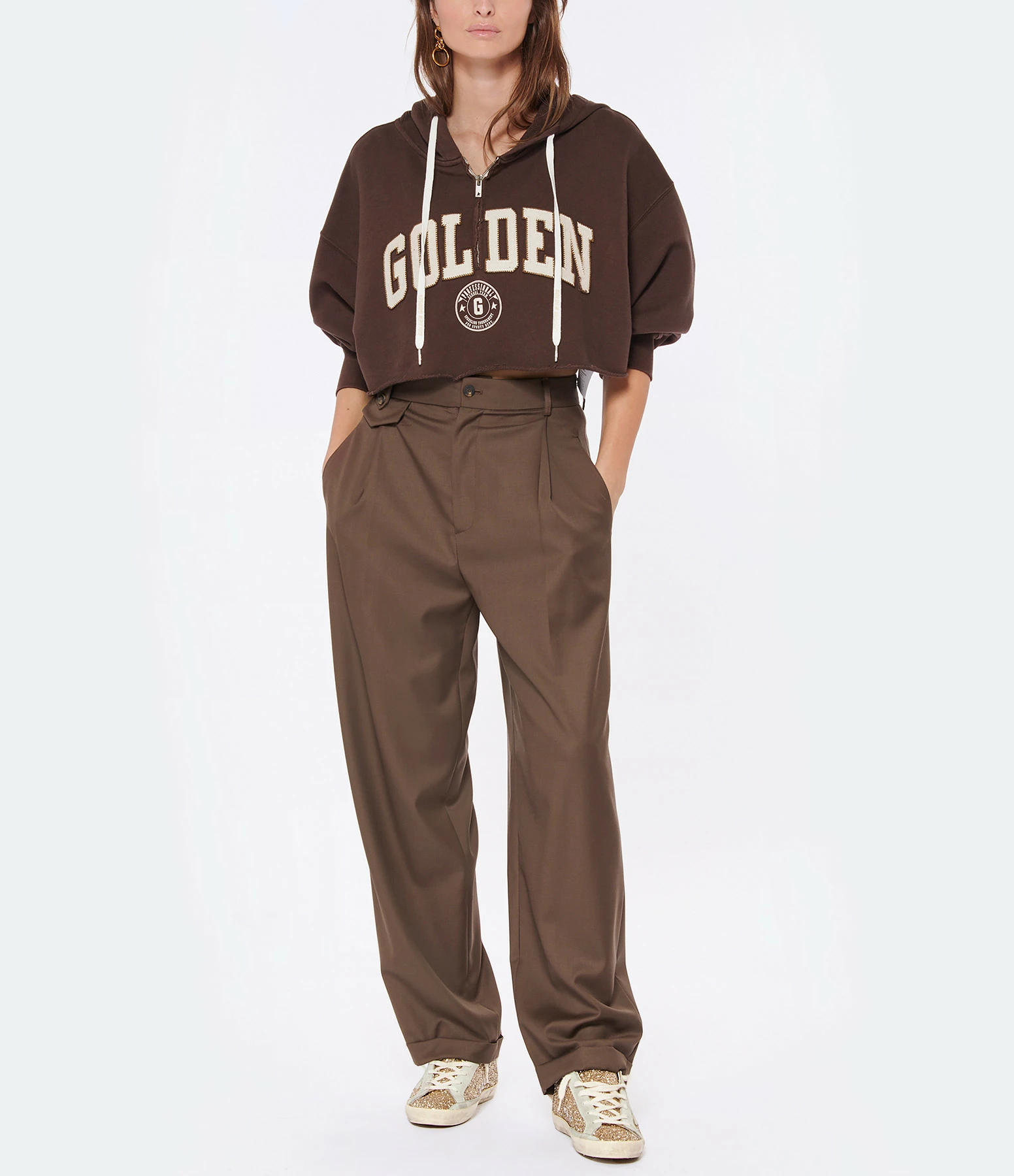Golden Goose Sweatshirt Hoodie Journey Crop Coton Marron Café – Image 6