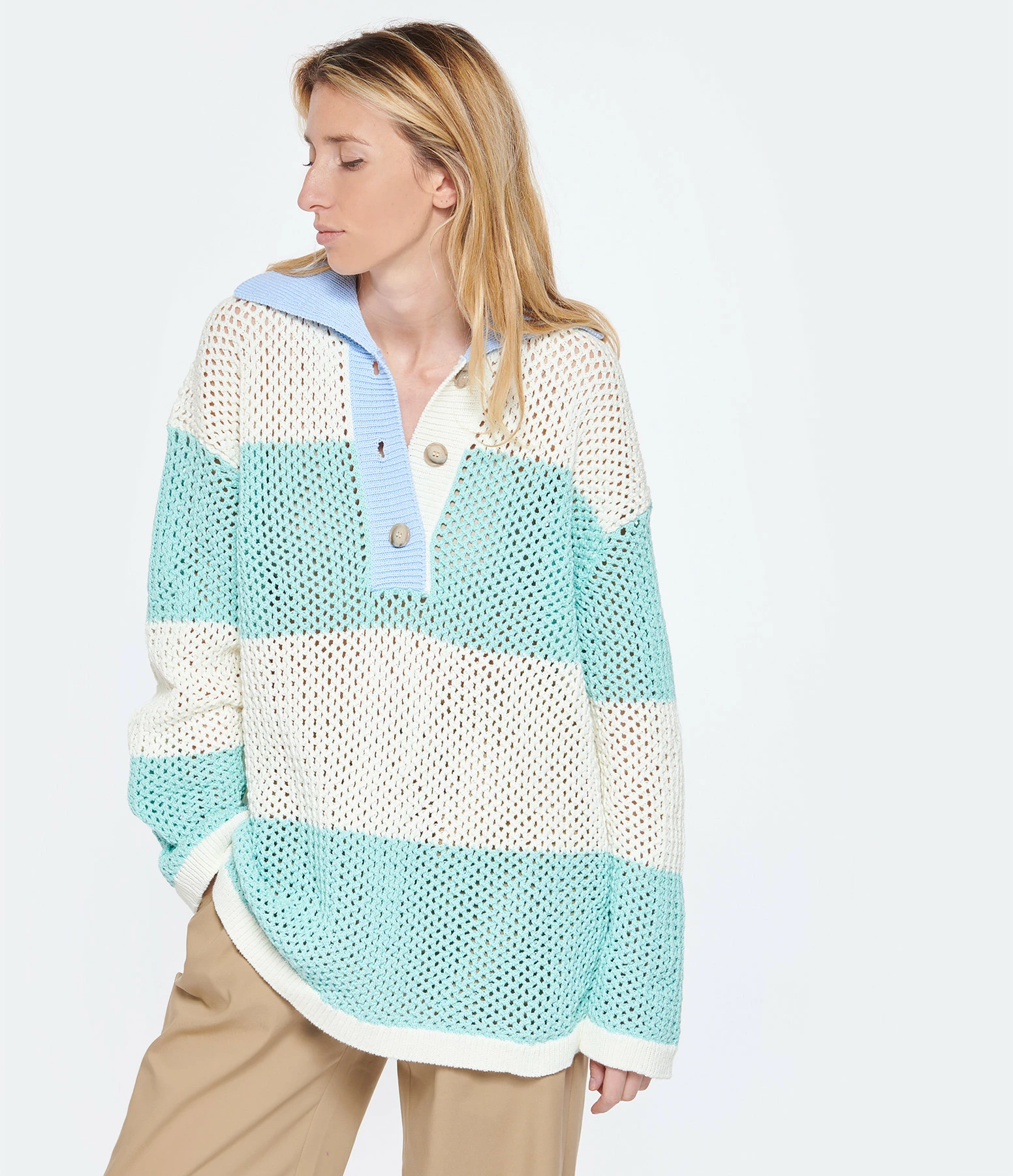 HALFBOY Polo Coton Crème Bleu – Image 2