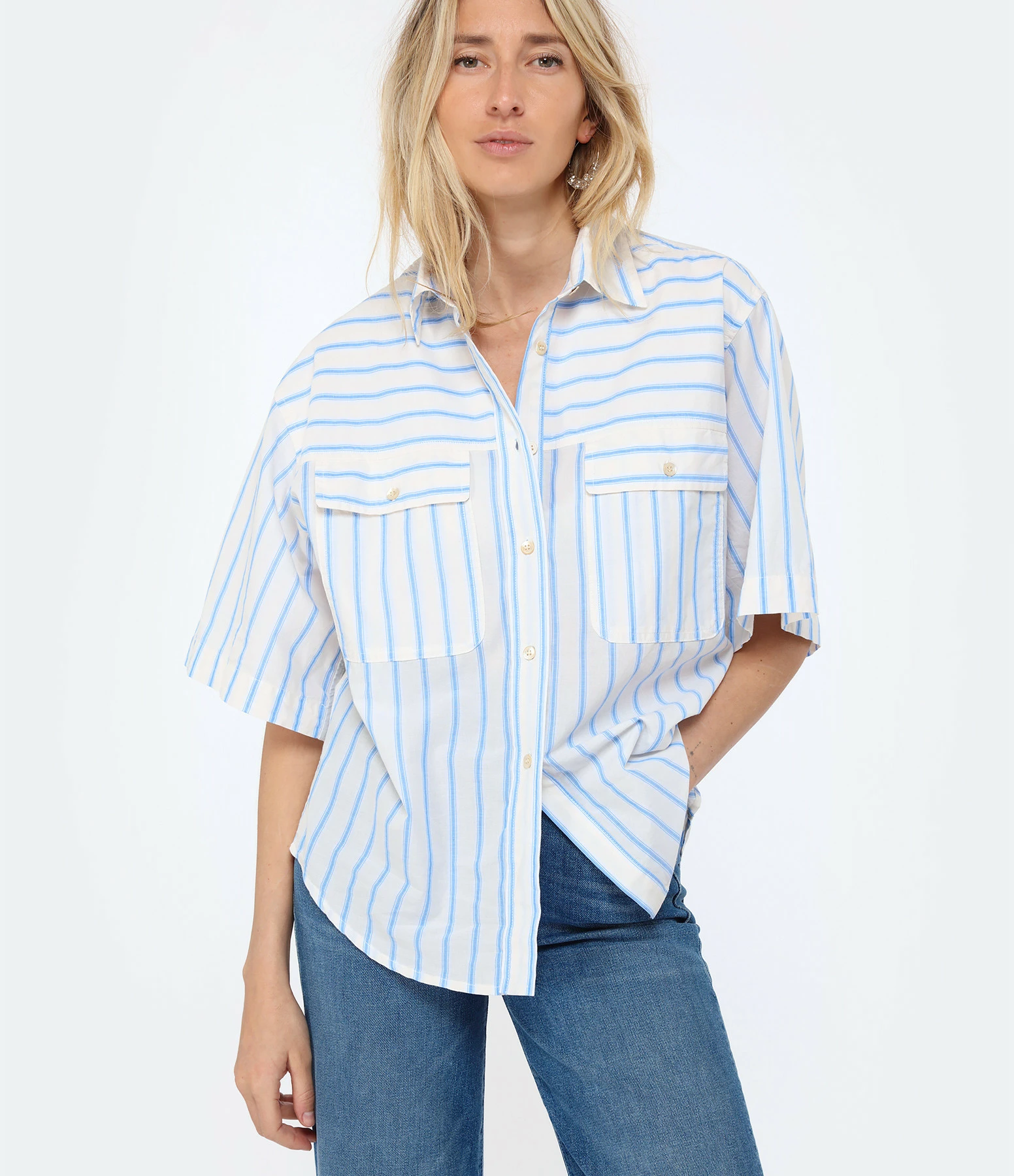MARANT ÉTOILE Chemise Nulenci Coton Écru Bleu – Image 3