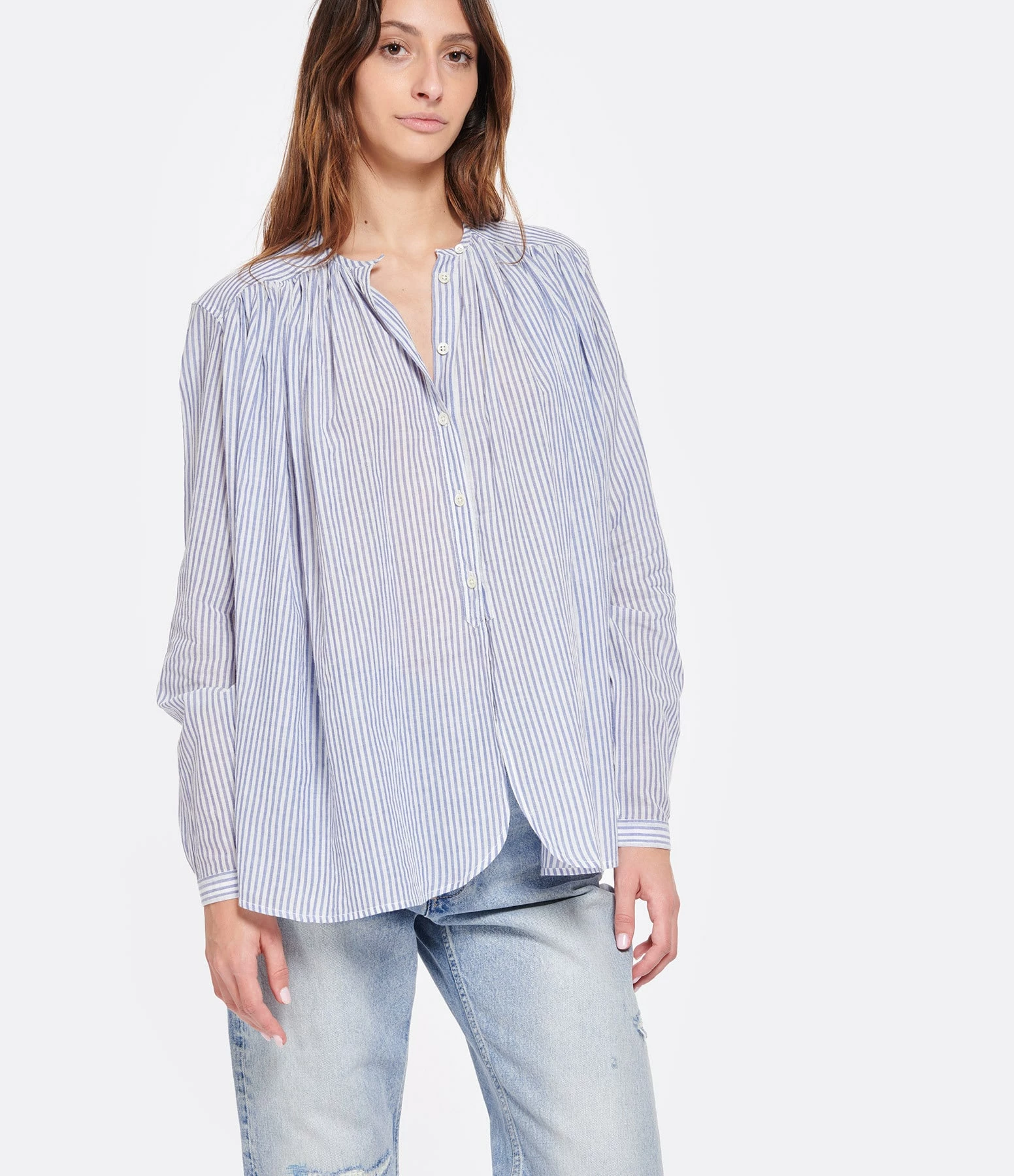 Laurence Bras Blouse Cigar Coton Rayures Bleu – Image 3