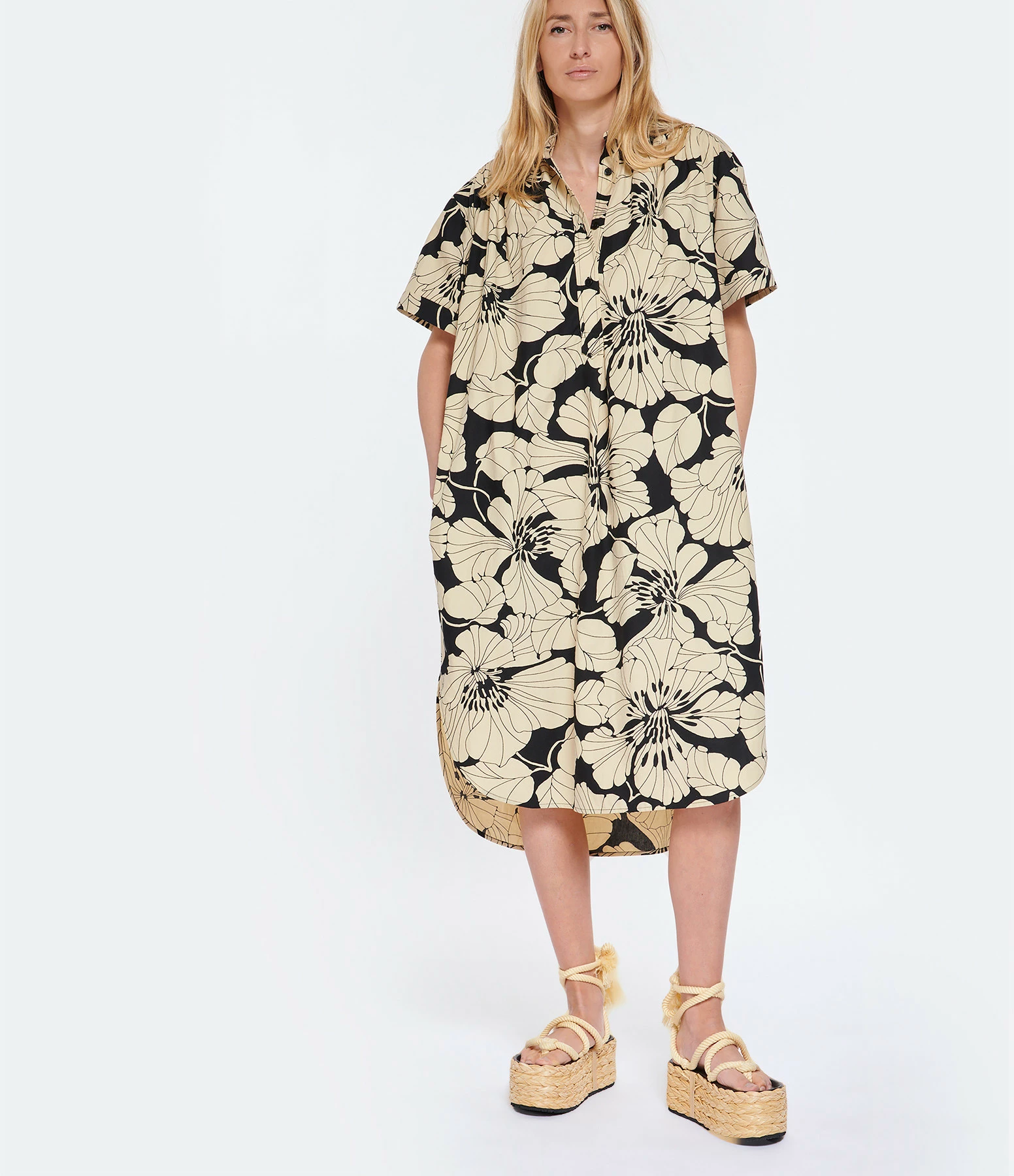 Laurence Bras Robe Aloo Coton Imprimé Beige Noir – Image 3