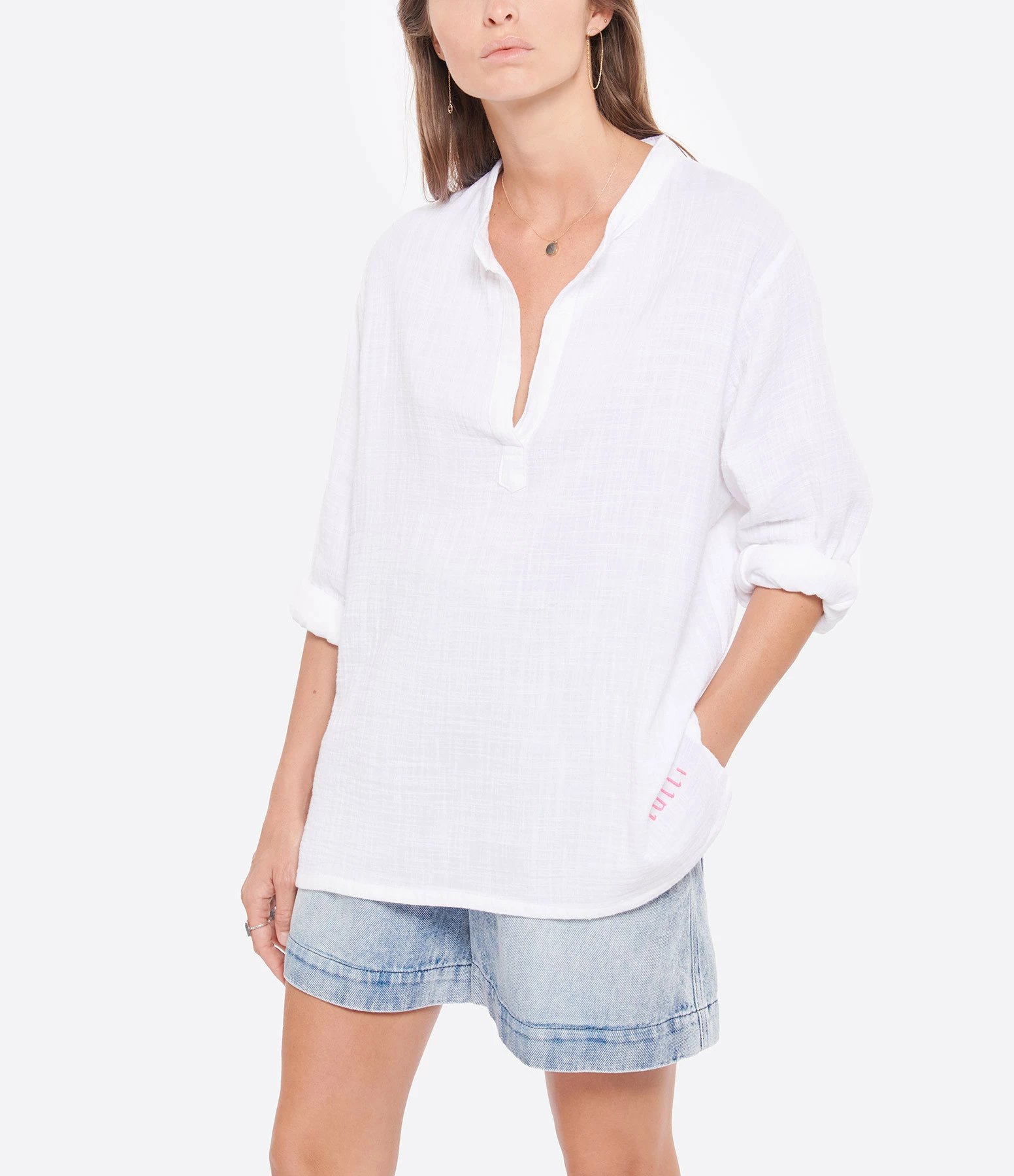 LES FÉLICITÉS Blouse Coton Blanc Rose, Exclusivité Lulli – Image 3