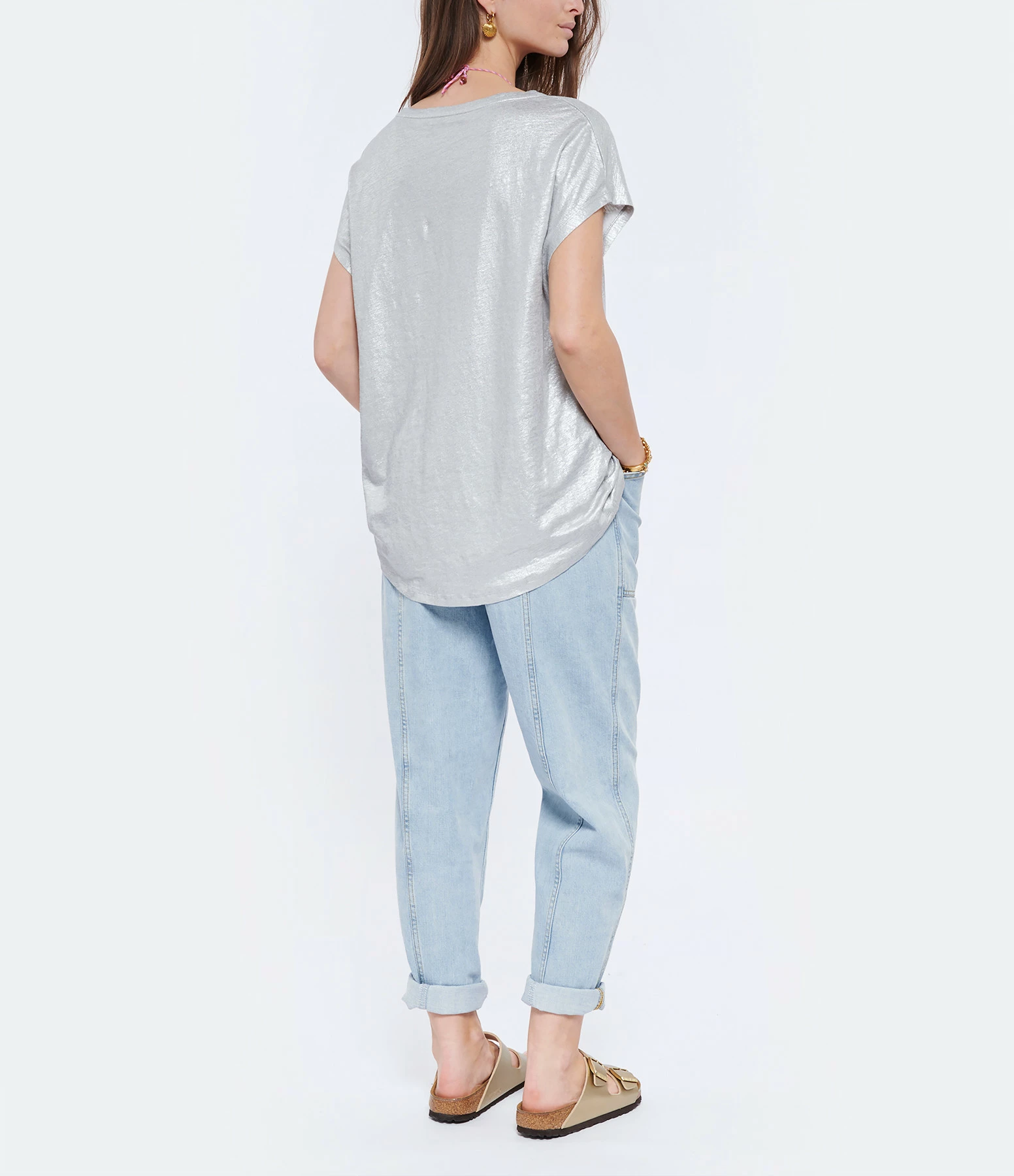 MAJESTIC FILATURES Tee-shirt Lin Col V Argenté Métallisé – Image 5