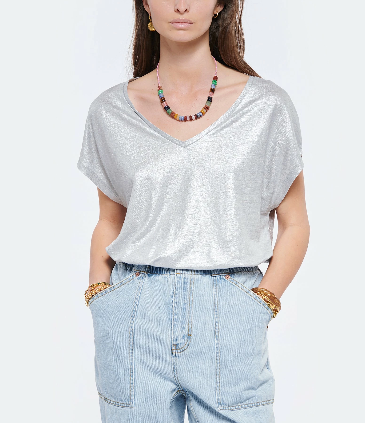 MAJESTIC FILATURES Tee-shirt Lin Col V Argenté Métallisé – Image 3
