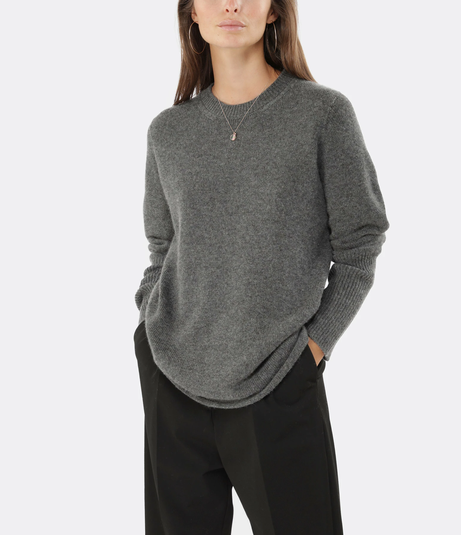 MAJESTIC FILATURES Pull Col Rond Laine Cachemire Gris Chiné – Image 3