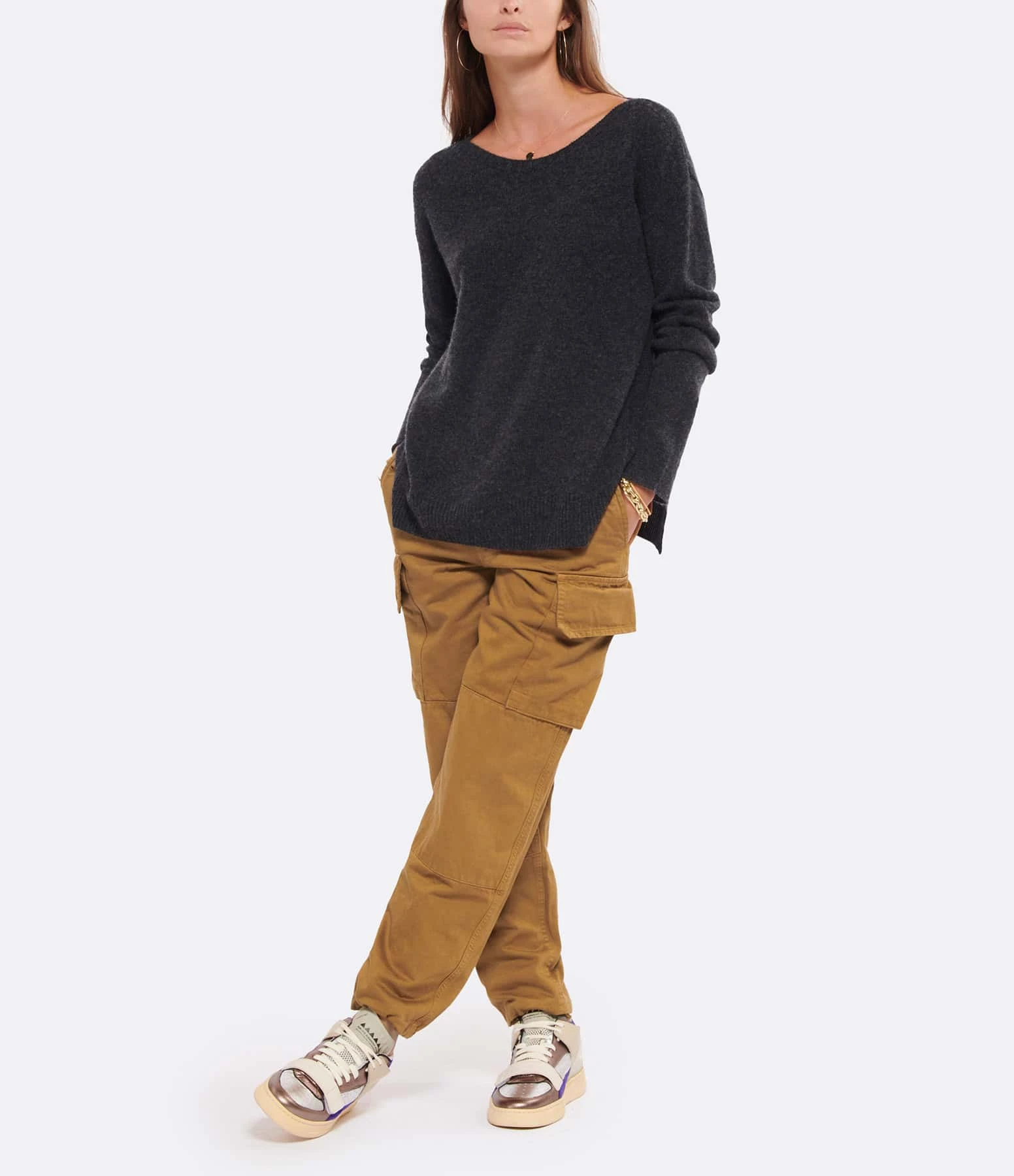 MAJESTIC FILATURES Pull Col Bateau Laine Cachemire Anthracite Chiné – Image 4