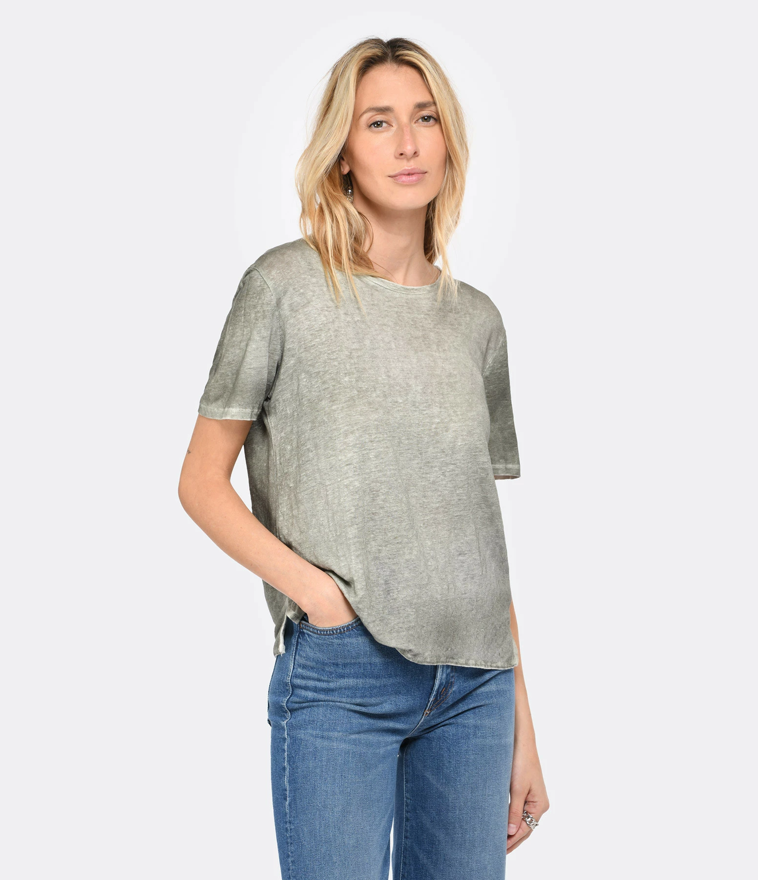 MAJESTIC FILATURES Tee-shirt Col Rond Lin Kaki – Image 3