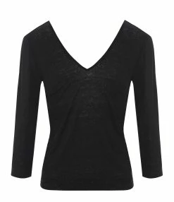 MAJESTIC FILATURES Tee-shirt Manches 3/4 Col V Lin Noir