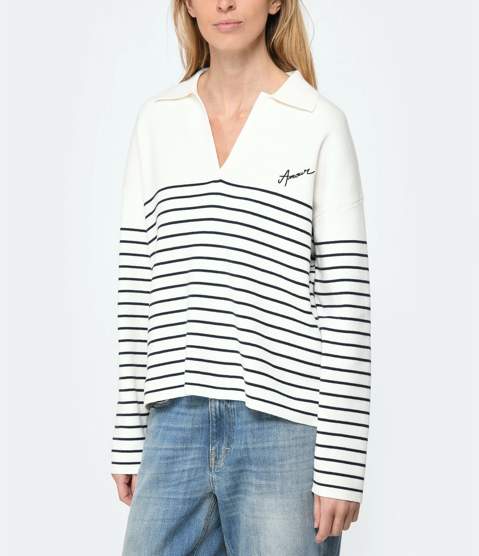 Maison Labiche Pull Mondovie Amour Coton Blanc Marine – Image 3