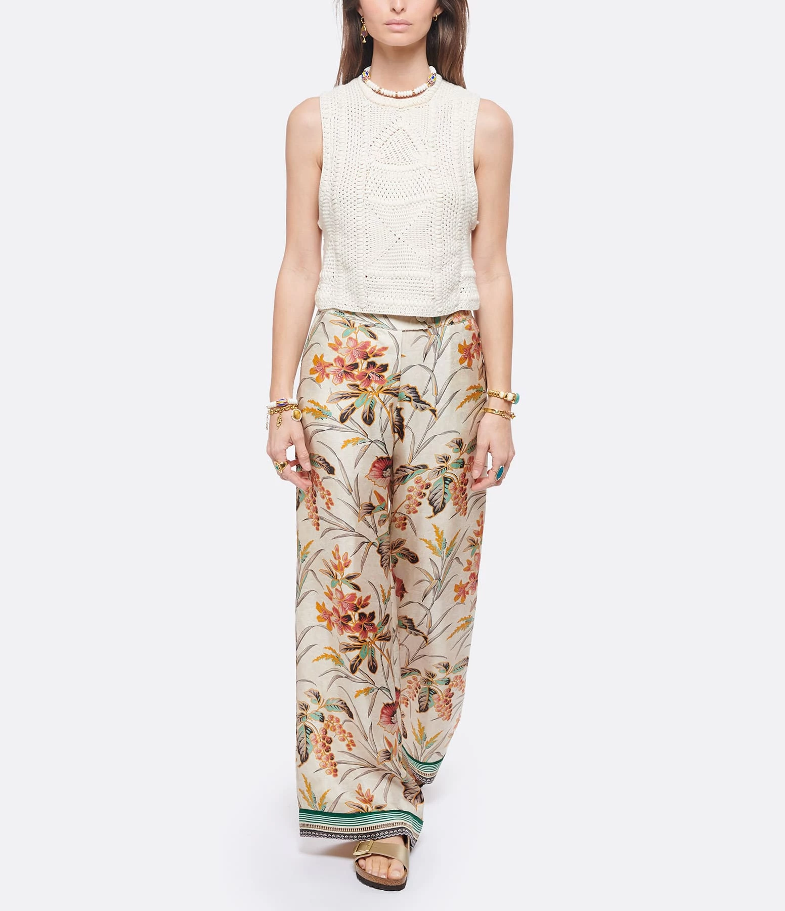 PIERRE-LOUIS MASCIA Pantalon Aloe Soie Imprimé Floral Blanc – Image 2