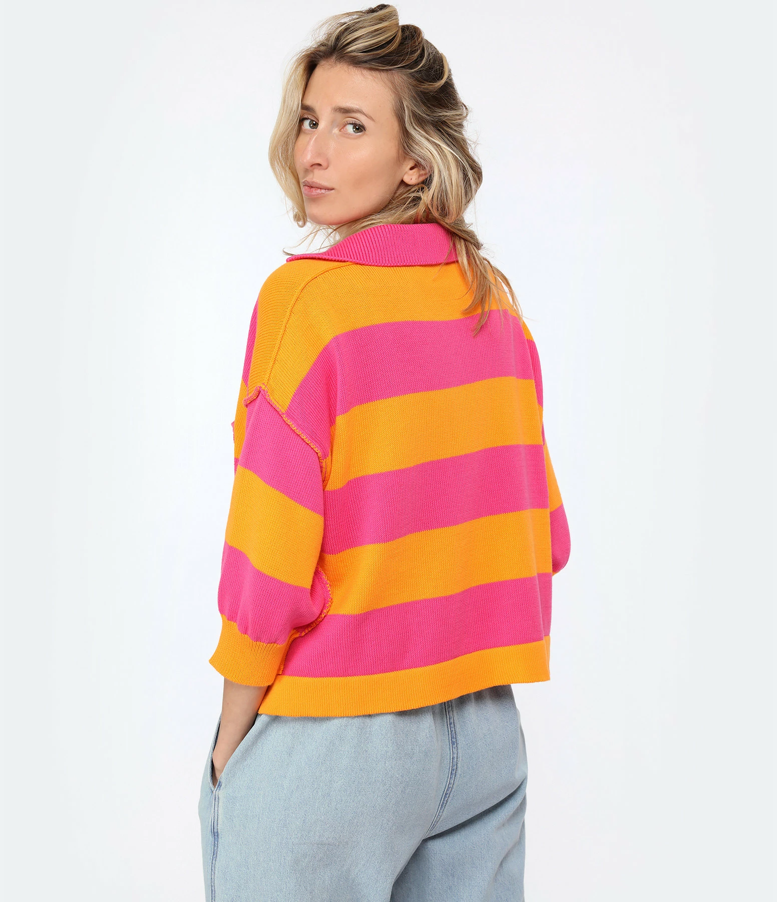 ROBERTO COLLINA Polo Rayures Coton Fuschia Orange – Image 4