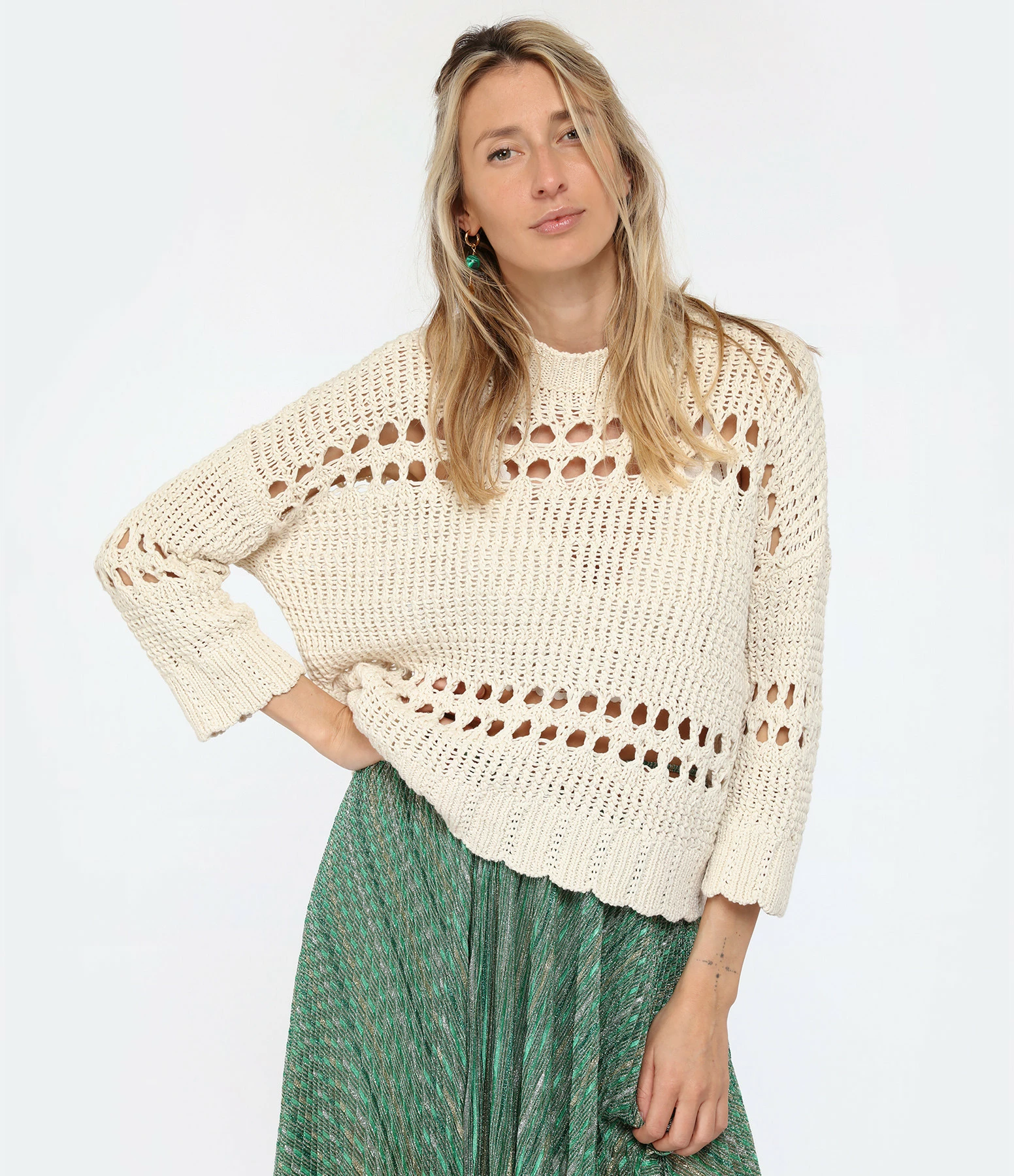 ROBERTO COLLINA Pull Crochet Coton Bio Écru – Image 2