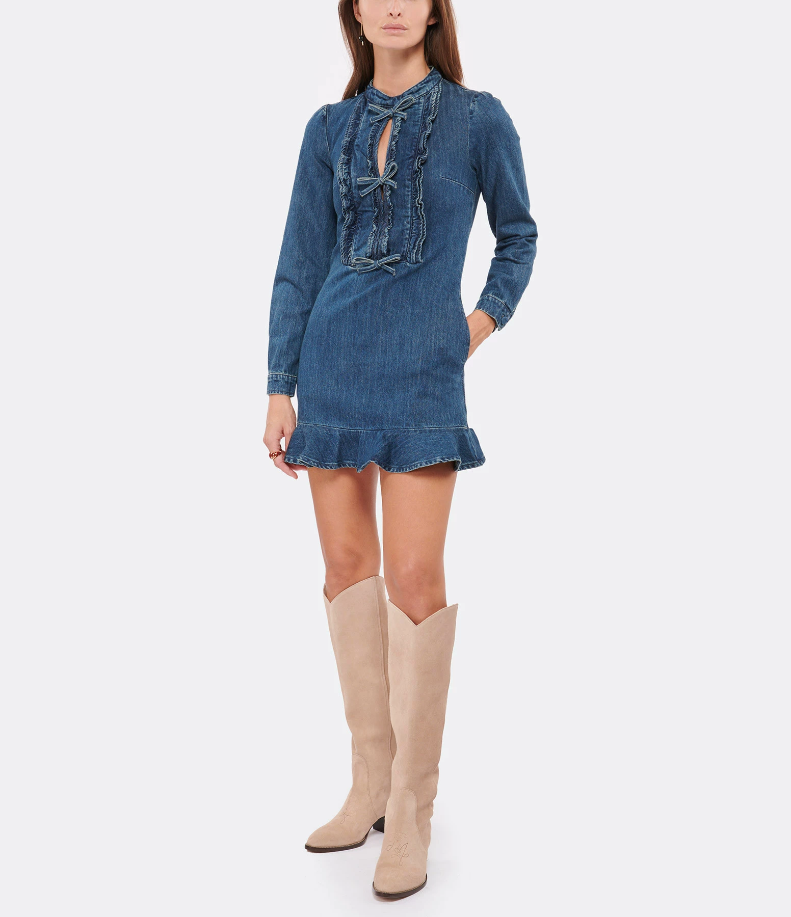 SELF PORTRAIT Robe Mini Volants Denim Bleu – Image 3