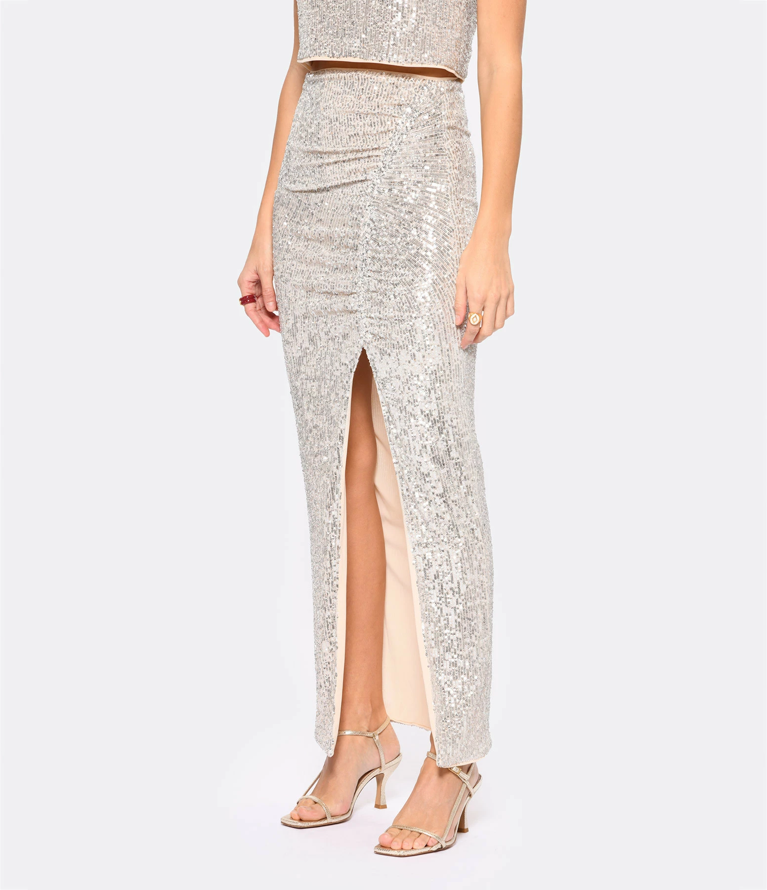 SELF PORTRAIT Jupe Maxi Sequins Argenté – Image 4