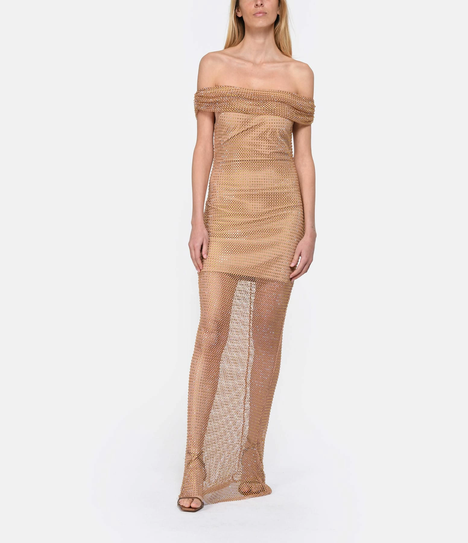 SELF PORTRAIT Robe Maxi Hotfix Résille Fauve – Image 2