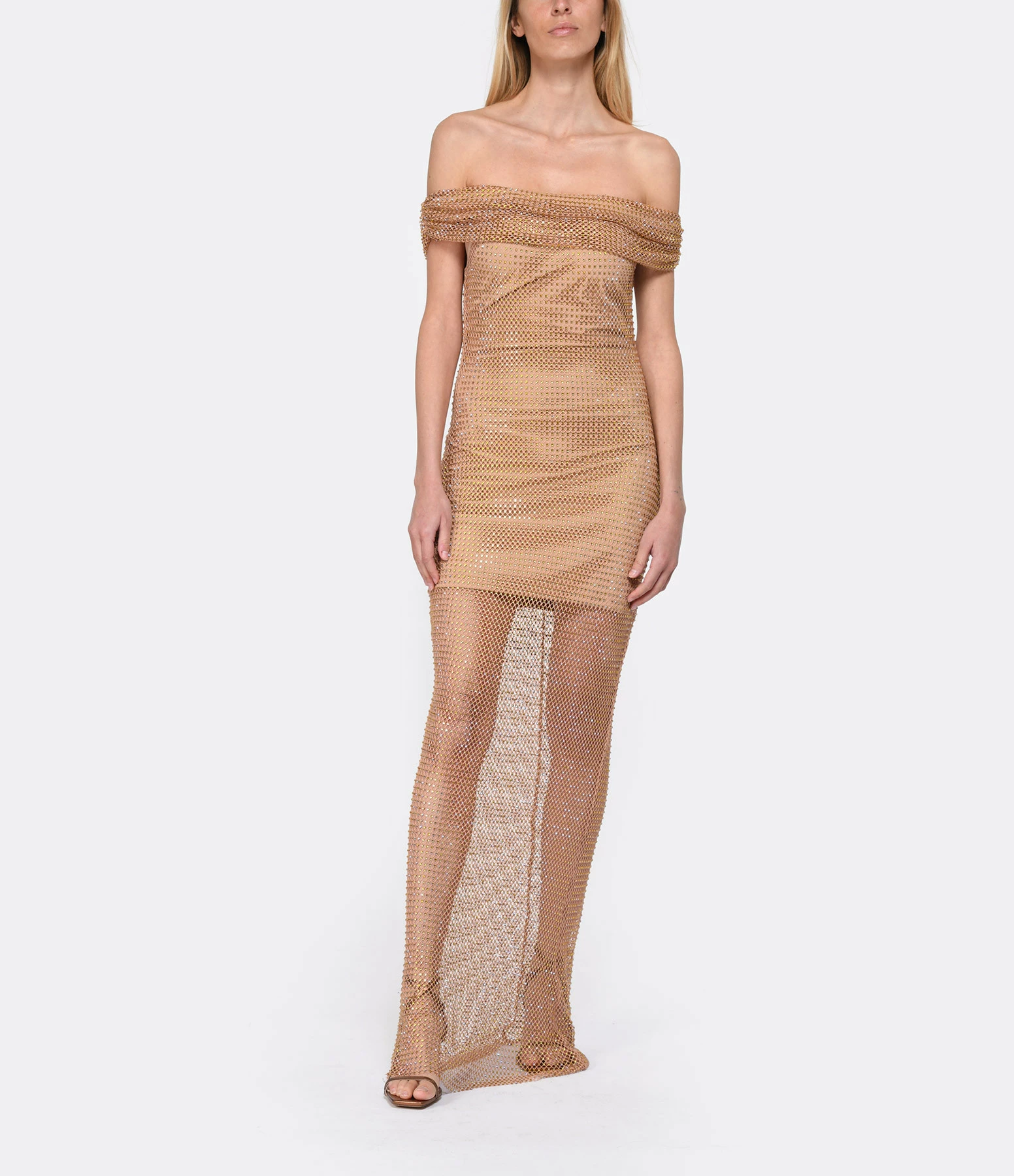 SELF PORTRAIT Robe Maxi Hotfix Résille Fauve – Image 2