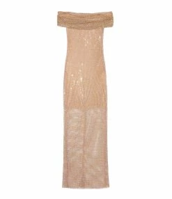 SELF PORTRAIT Robe Maxi Hotfix Résille Fauve