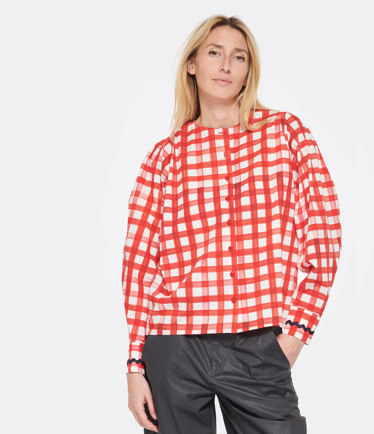 Tara Jarmon Blouse Carreaux Coton Rouge – Image 3