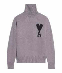 AMI Paris Pull Unisexe Ami De Cœur Laine Gris Noir