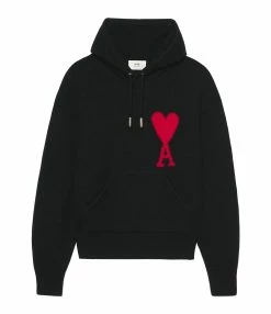 AMI Paris Pull Hoodie Unisexe Ami De Cœur Laine Noir Rouge