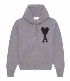 AMI Paris Pull Hoodie Unisexe Ami De Cœur Laine Gris Noir