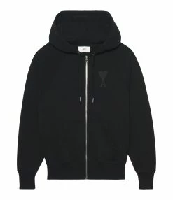 AMI Paris Sweatshirt Hoodie Zippé Unisexe Ami De Cœur Coton Biologique Noir